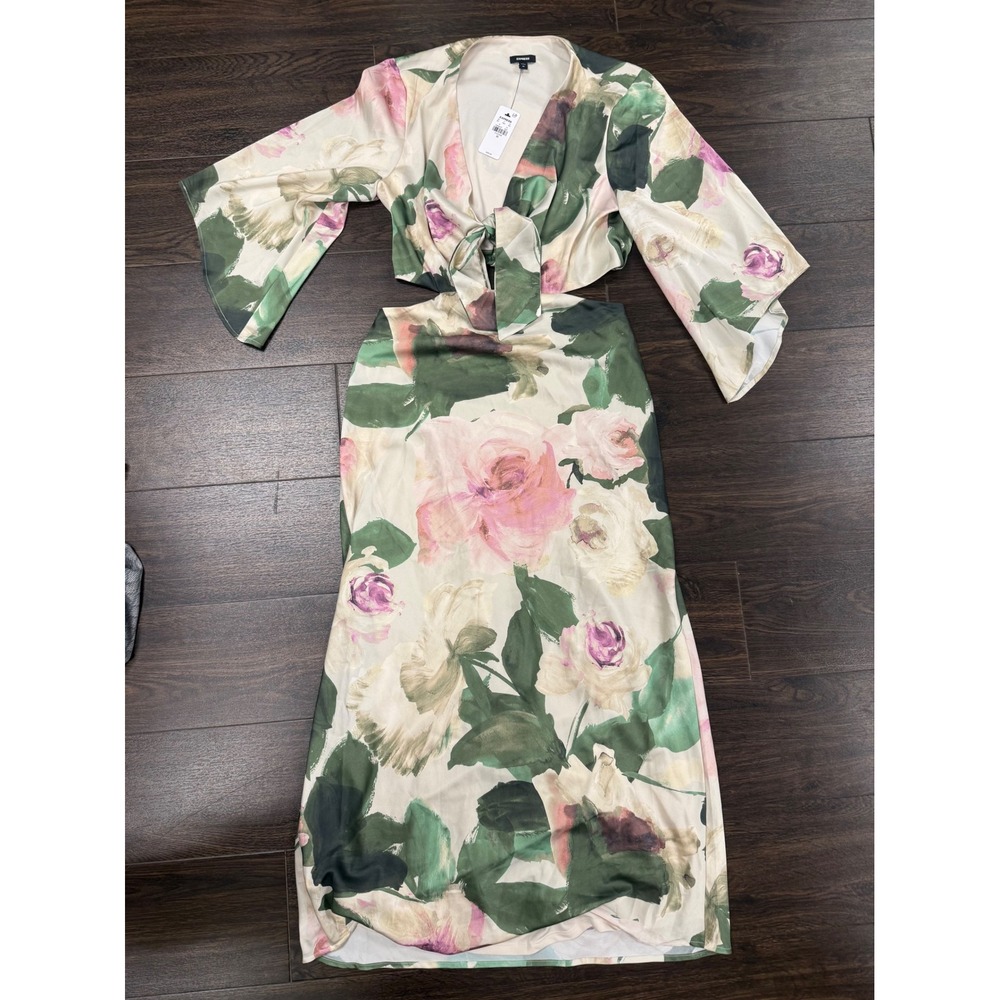 Express NWT Floral Cutout Tie Front Maxi Dress XS Bell Sleeve